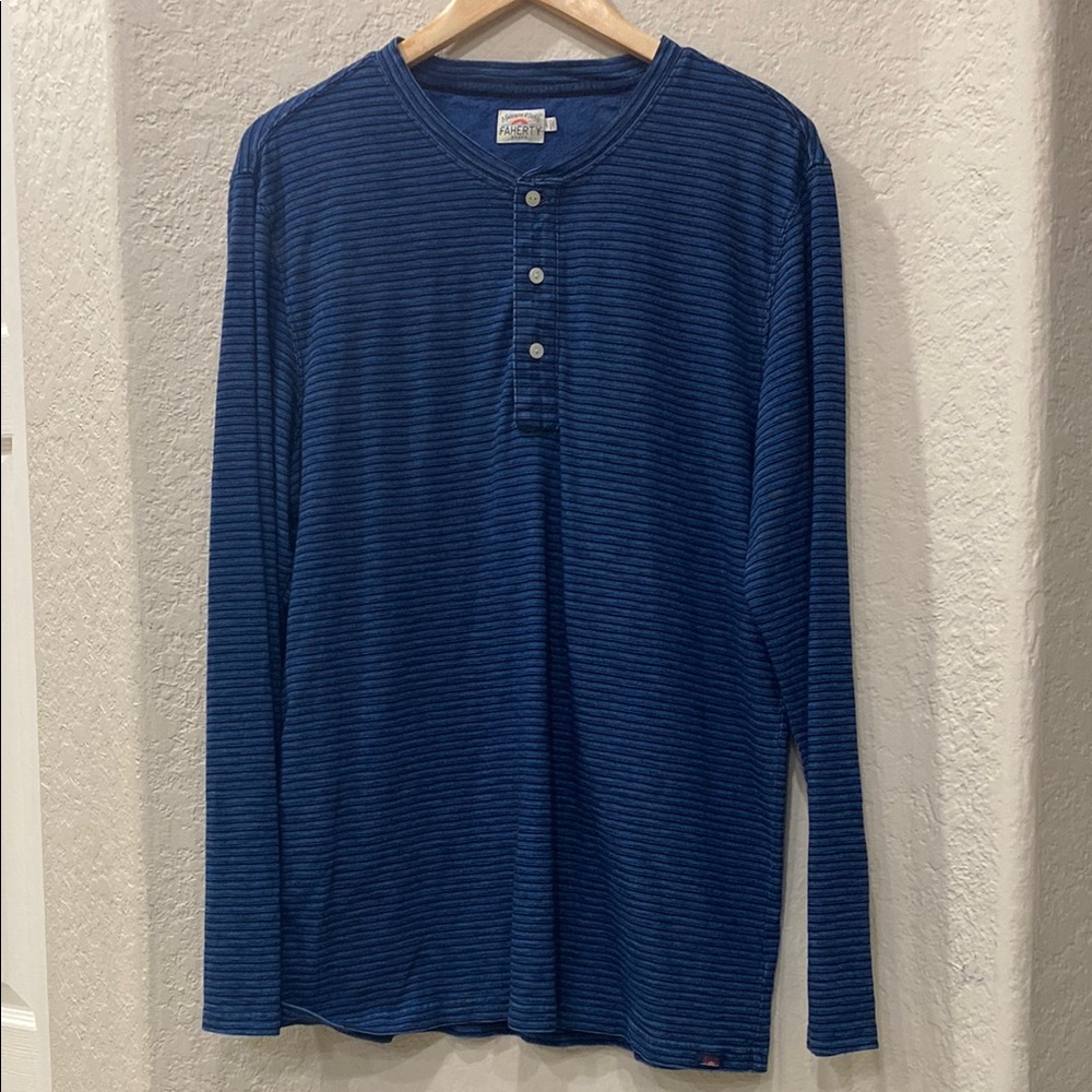 Faherty Heather Striped Henley Long Sleeve Cotton Mens L Indigo Dyed